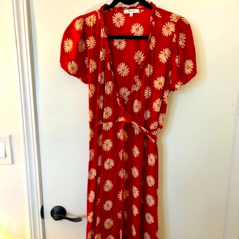 Madewell Red Floral Print Ruffle Wrap Dress Sz M - Picture 2 of 2